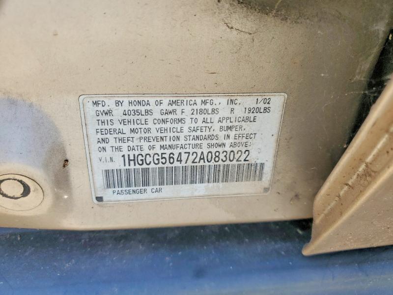 2002 Honda Accord მანქანა იყიდება აუქციონზე, vin: 1HGCG56472A083022, აუქციონის ნომერი: 59802606