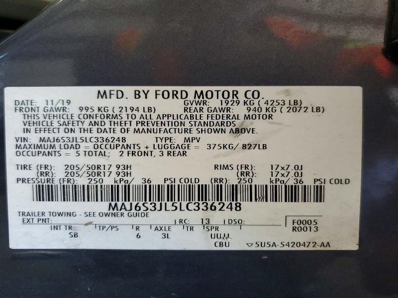 60420716 :رقم المزاد ، MAJ6S3JL5LC336248 vin ، 2020 Ford Ecosport مزاد بيع
