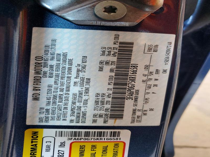 2019 Ford Fusion მანქანა იყიდება აუქციონზე, vin: 3FA6P0G75KR166581, აუქციონის ნომერი: 62395456