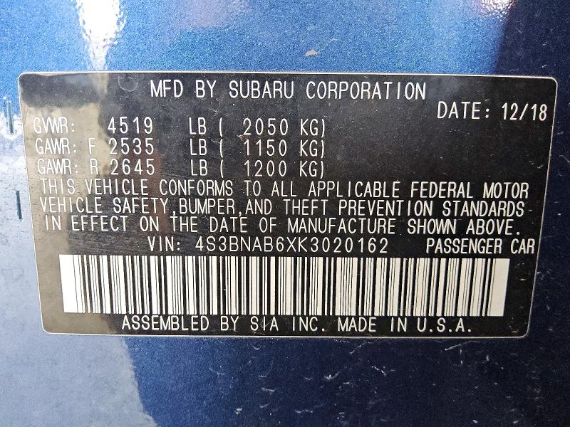 Продаж на аукціоні авто 2019 Subaru Legacy, vin: 4S3BNAB6XK3020162, номер лоту: 60552736