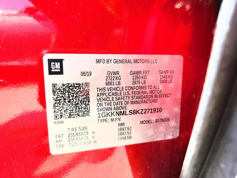 60379186 :رقم المزاد ، 1GKKNMLS8KZ271910 vin ، 2019 Gmc Acadia مزاد بيع