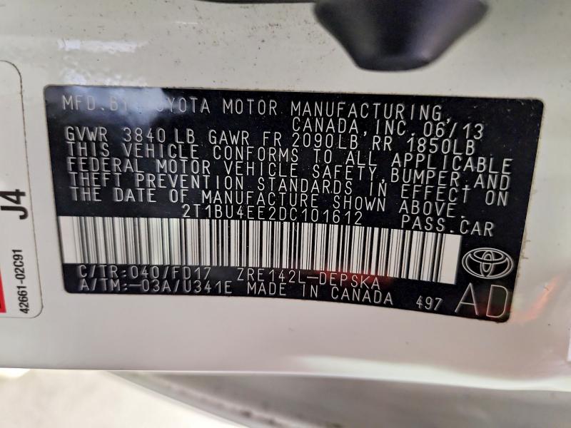 Auction sale of the 2013 Toyota Corolla, vin: 2T1BU4EE2DC101612, lot number: 61922556