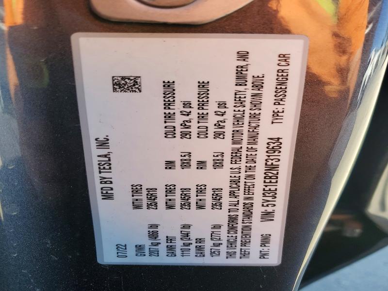 62681726 :رقم المزاد ، 5YJ3E1EB2NF319634 vin ، 2022 Tesla Model 3 مزاد بيع
