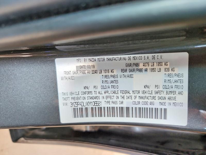 2019 Mazda 3 მანქანა იყიდება აუქციონზე, vin: 3MZBPADLXKM106581, აუქციონის ნომერი: 61751306