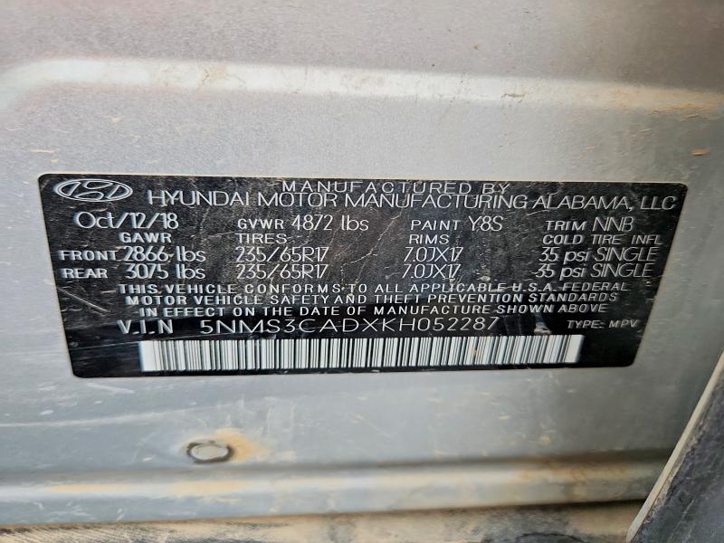 Aukcja sprzedaży 2019 Hyundai Santa Fe, vin: 5NMS3CADXKH052287, numer aukcji: 61927596