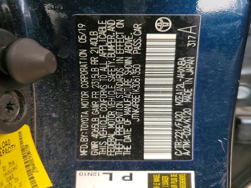 61372766 :رقم المزاد ، JTNK4RBE1K3061350 vin ، 2019 Toyota Corolla Hatchback مزاد بيع