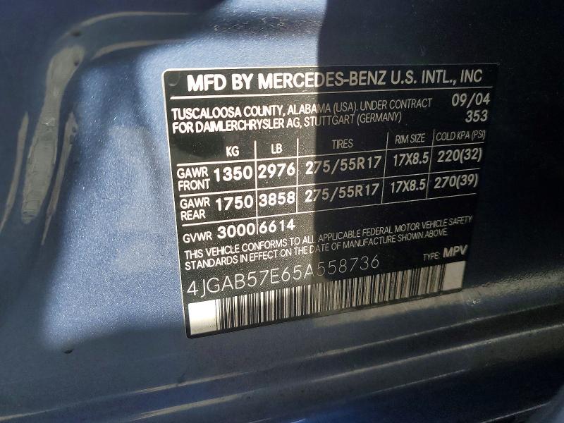 61819596 :رقم المزاد ، 4JGAB57E65A558736 vin ، 2005 Mercedes-benz Ml مزاد بيع