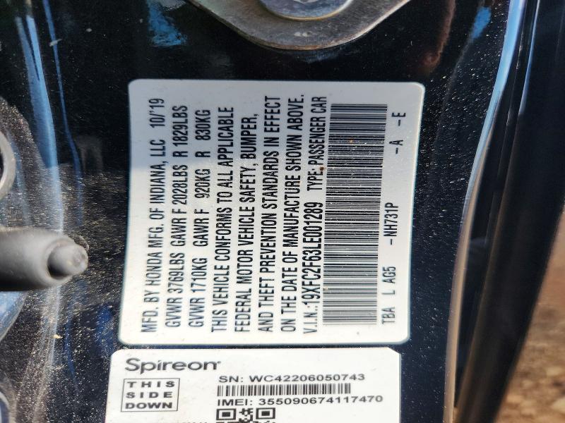 60188316 :رقم المزاد ، 19XFC2F63LE001289 vin ، 2020 Honda Civic مزاد بيع