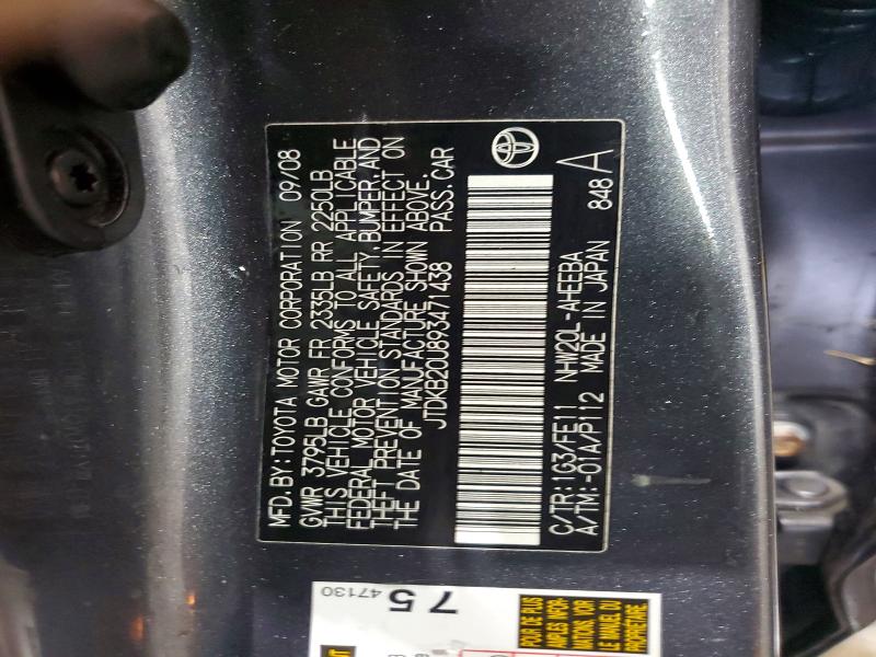 Aukcja sprzedaży 2009 Toyota Prius, vin: JTDKB20U893471438, numer aukcji: 63281156