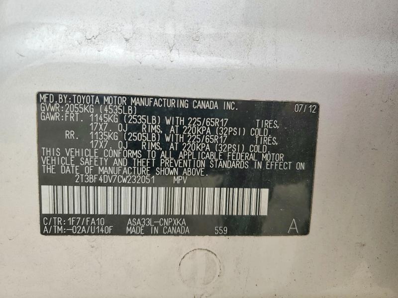 Aukcja sprzedaży 2012 Toyota Rav4, vin: 2T3BF4DV7CW232051, numer aukcji: 61245266