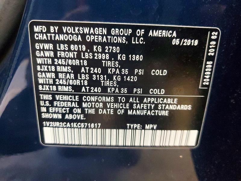 61467086 :رقم المزاد ، 1V2UR2CA1KC571617 vin ، 2019 Volkswagen Atlas مزاد بيع