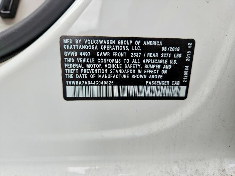 Aukcja sprzedaży 2018 Volkswagen Passat, vin: 1VWBA7A34JC040926, numer aukcji: 61377006