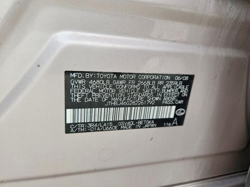 Продаж на аукціоні авто 2008 Lexus Es, vin: JTHBJ46G282261792, номер лоту: 60078026