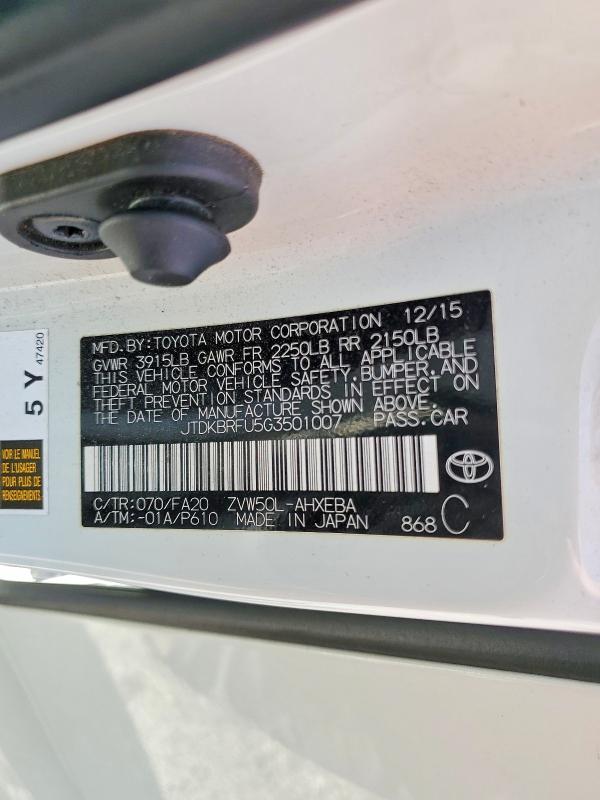 2016 Toyota Prius მანქანა იყიდება აუქციონზე, vin: JTDKBRFU5G3501007, აუქციონის ნომერი: 59645996