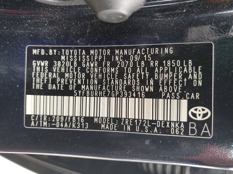 Продаж на аукціоні авто 2016 Toyota Corolla, vin: 5YFBURHE7GP393416, номер лоту: 61468416