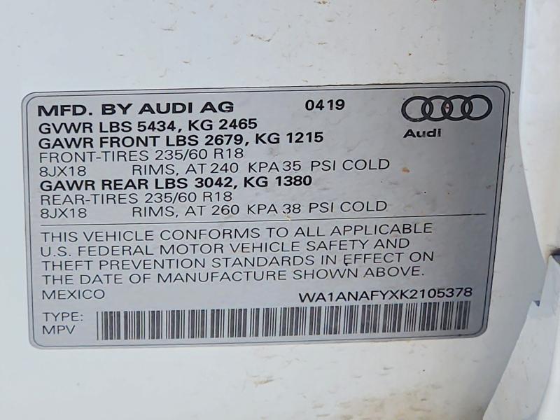Продаж на аукціоні авто 2019 Audi Q5, vin: WA1ANAFYXK2105378, номер лоту: 61685386