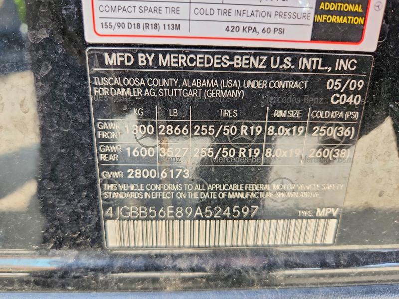 85603425 :رقم المزاد ، 4JGBB56E89A524597 vin ، 2009 Mercedes-benz Ml مزاد بيع