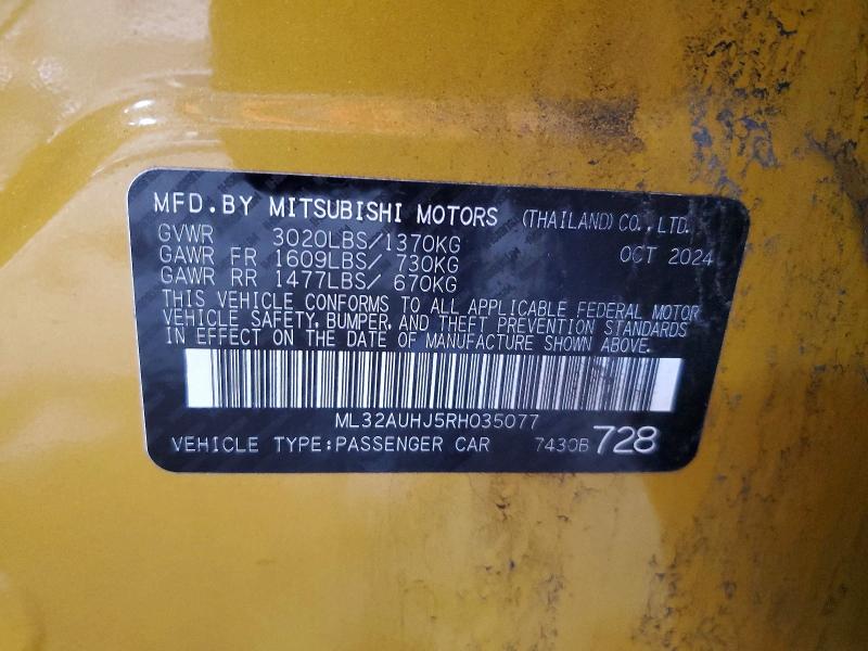 2024 Mitsubishi Mirage მანქანა იყიდება აუქციონზე, vin: ML32AUHJ5RH035077, აუქციონის ნომერი: 61839336