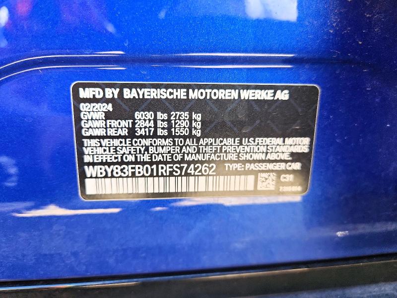 Aukcja sprzedaży 2024 Bmw I4, vin: WBY83FB01RFS74262, numer aukcji: 62583156