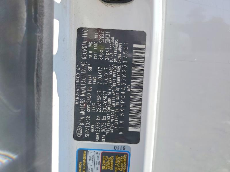 59237736 :رقم المزاد ، 5XYPG4A57KG517501 vin ، 2019 Kia Sorento مزاد بيع