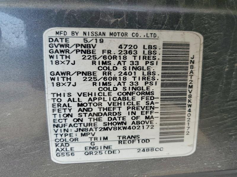 Продаж на аукціоні авто 2019 Nissan Rogue, vin: JN8AT2MV8KW402172, номер лоту: 62312796
