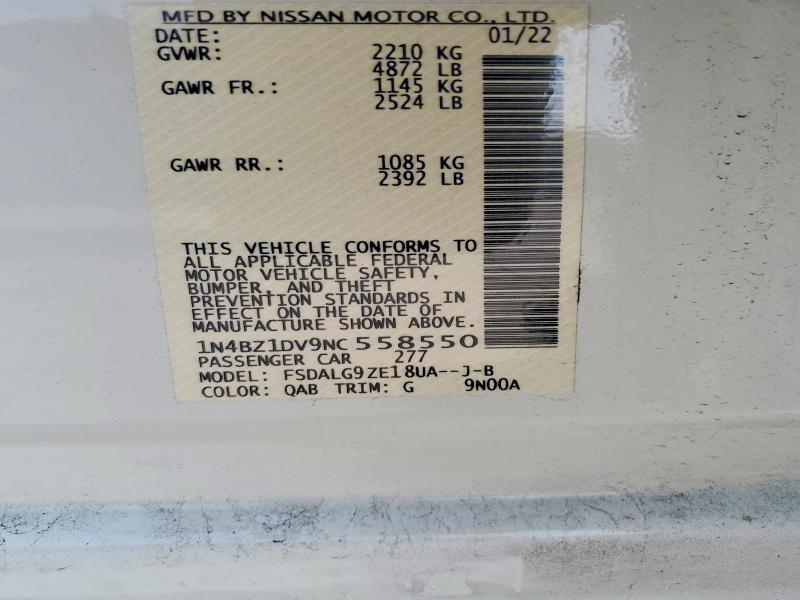 2022 Nissan Leaf მანქანა იყიდება აუქციონზე, vin: 1N4BZ1DV9NC558550, აუქციონის ნომერი: 61797816