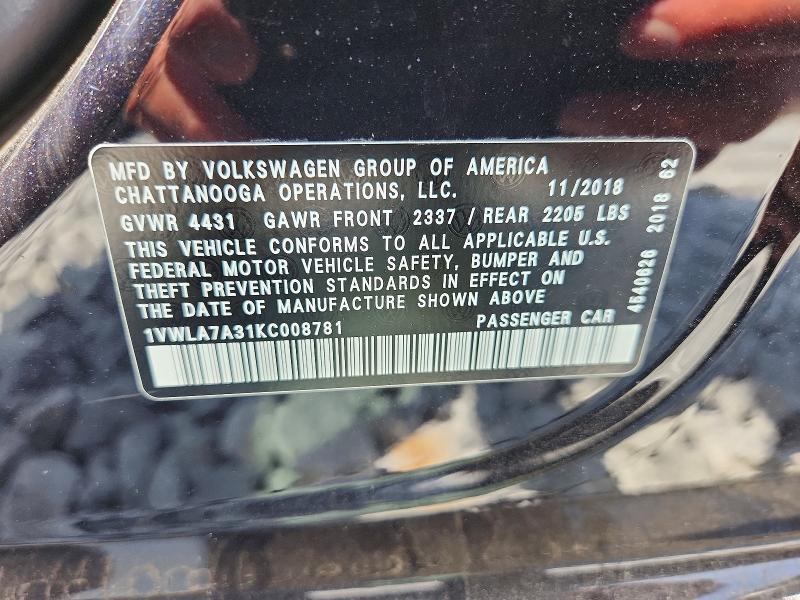 Aukcja sprzedaży 2019 Volkswagen Passat, vin: 1VWLA7A31KC008781, numer aukcji: 60235616