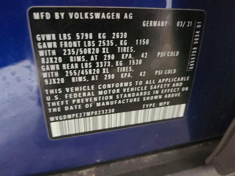 Продажа на аукционе авто 2021 Volkswagen Id.4, vin: WVGDMPE27MP023230, номер лота: 60384226