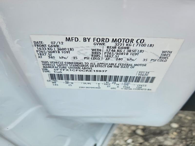 61737596 :رقم المزاد ، 1FTFX1CF0CKE15937 vin ، 2012 Ford F150 مزاد بيع