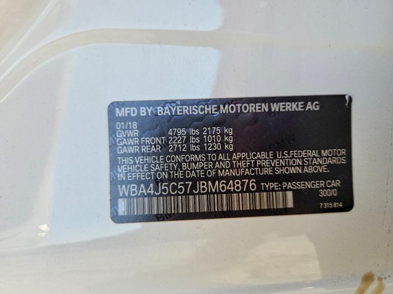 60400366 :رقم المزاد ، WBA4J5C57JBM64876 vin ، 2018 Bmw 440i مزاد بيع