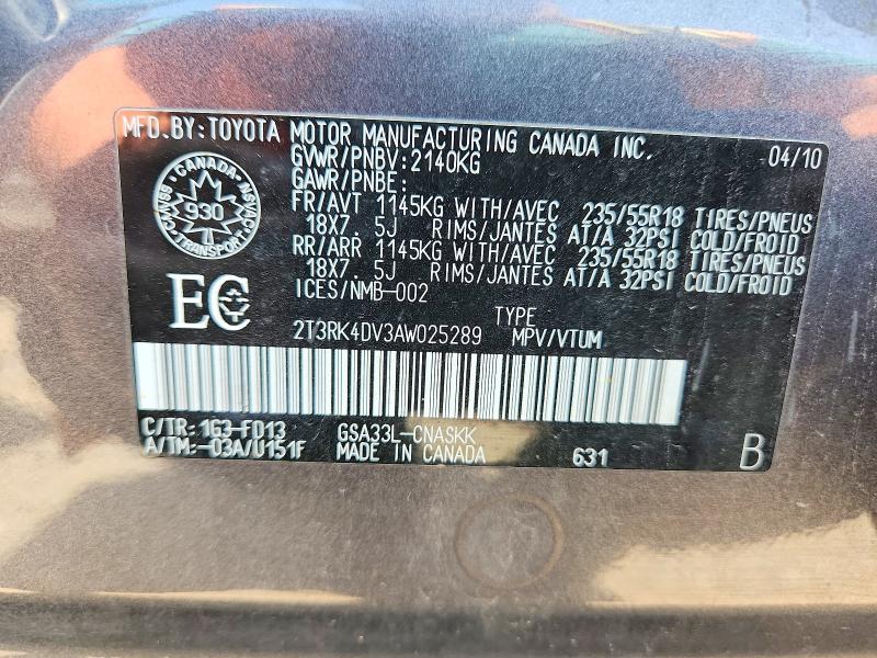 62087776 :رقم المزاد ، 2T3RK4DV3AW025289 vin ، 2010 Toyota Rav4 مزاد بيع