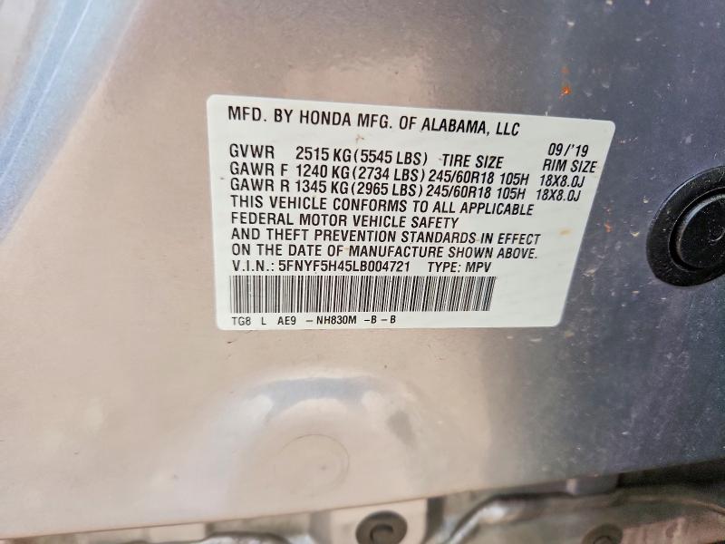 Продаж на аукціоні авто 2020 Honda Pilot, vin: 5FNYF5H45LB004721, номер лоту: 61379796