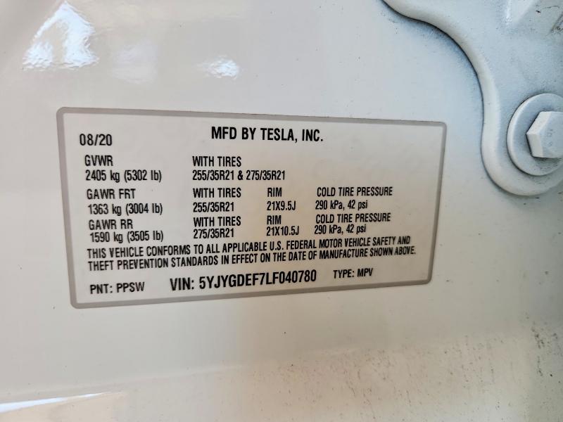 59980006 :رقم المزاد ، 5YJYGDEF7LF040780 vin ، 2020 Tesla Model Y مزاد بيع