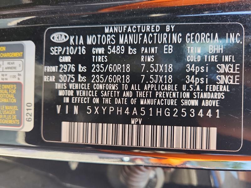 2017 Kia Sorento მანქანა იყიდება აუქციონზე, vin: 5XYPH4A51HG253441, აუქციონის ნომერი: 63697026