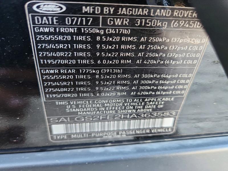 2017 Land Rover Range Rover მანქანა იყიდება აუქციონზე, vin: SALGS2FE2HA363583, აუქციონის ნომერი: 61441276