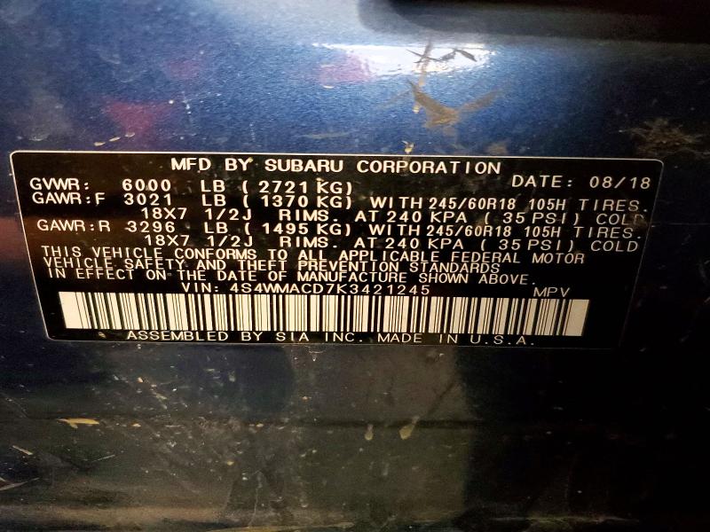59792476 :رقم المزاد ، 4S4WMACD7K3421245 vin ، 2019 Subaru Ascent مزاد بيع