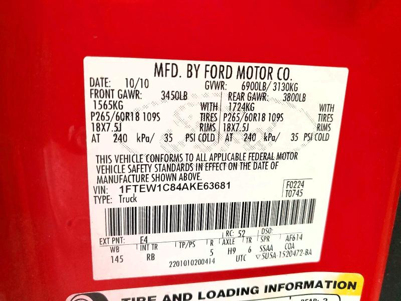 2010 Ford F150 მანქანა იყიდება აუქციონზე, vin: 1FTEW1C84AKE63681, აუქციონის ნომერი: 60502686
