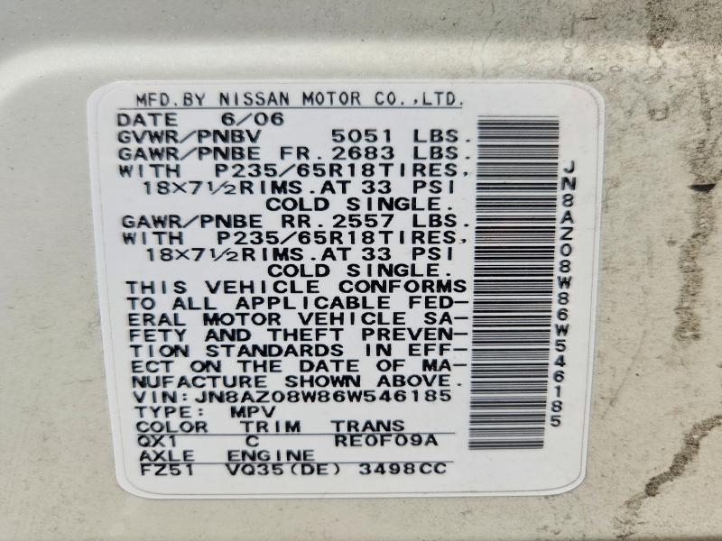 2006 Nissan Murano მანქანა იყიდება აუქციონზე, vin: JN8AZ08W86W546185, აუქციონის ნომერი: 59650416