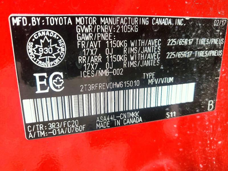 Продаж на аукціоні авто 2017 Toyota Rav4, vin: 2T3RFREV0HW615010, номер лоту: 61922426