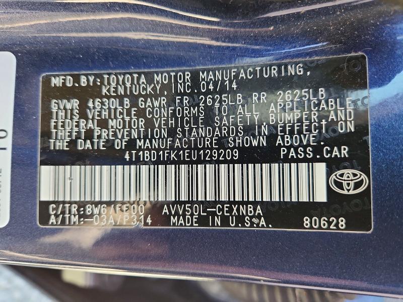 63231016 :رقم المزاد ، 4T1BD1FK1EU129209 vin ، 2014 Toyota Camry Hybrid مزاد بيع