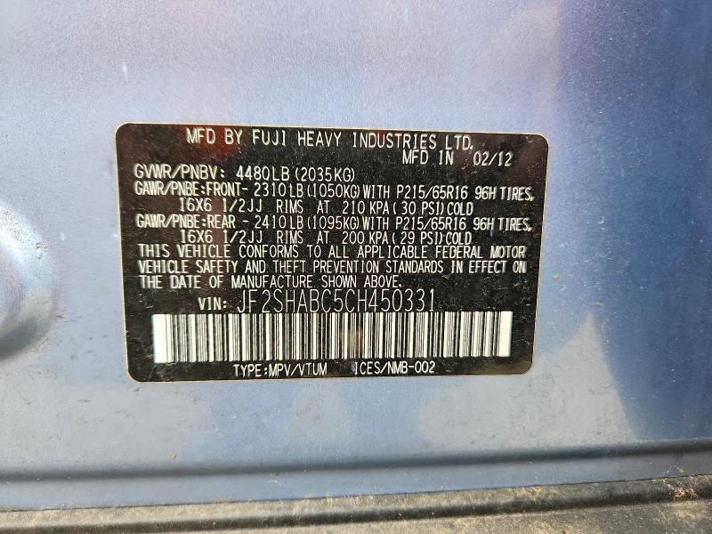 Продаж на аукціоні авто 2012 Subaru Forester, vin: JF2SHABC5CH450331, номер лоту: 61954626