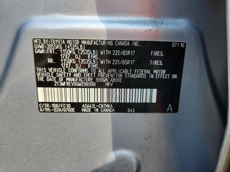 Продажа на аукционе авто 2016 Toyota Rav4, vin: 2T3WFREVXGW298998, номер лота: 62963926