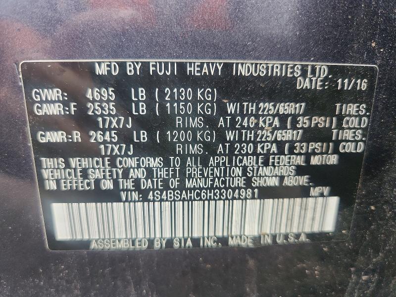 61400086 :رقم المزاد ، 4S4BSAHC6H3304981 vin ، 2017 Subaru Outback مزاد بيع