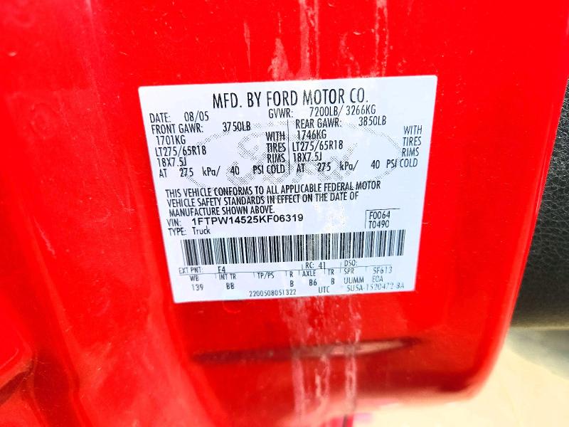 2005 Ford F-150 მანქანა იყიდება აუქციონზე, vin: 1FTPW14525KF06319, აუქციონის ნომერი: 59397456