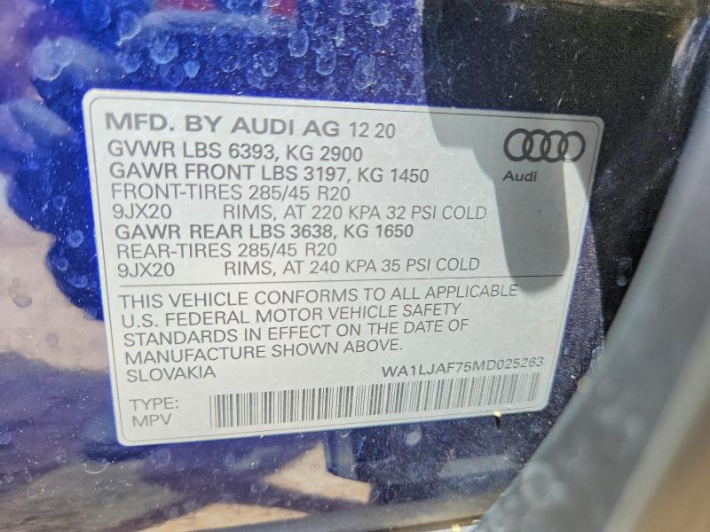 2021 Audi Q7 მანქანა იყიდება აუქციონზე, vin: WA1LJAF75MD025263, აუქციონის ნომერი: 61472016