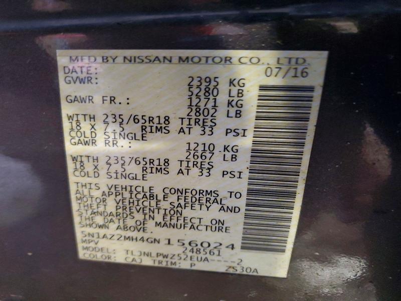 85632975 :رقم المزاد ، 5N1AZ2MH4GN156024 vin ، 2016 Nissan Murano مزاد بيع