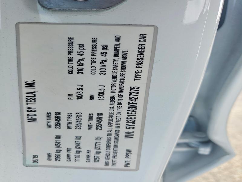 62853776 :رقم المزاد ، 5YJ3E1EA3KF427375 vin ، 2019 Tesla Model 3 مزاد بيع