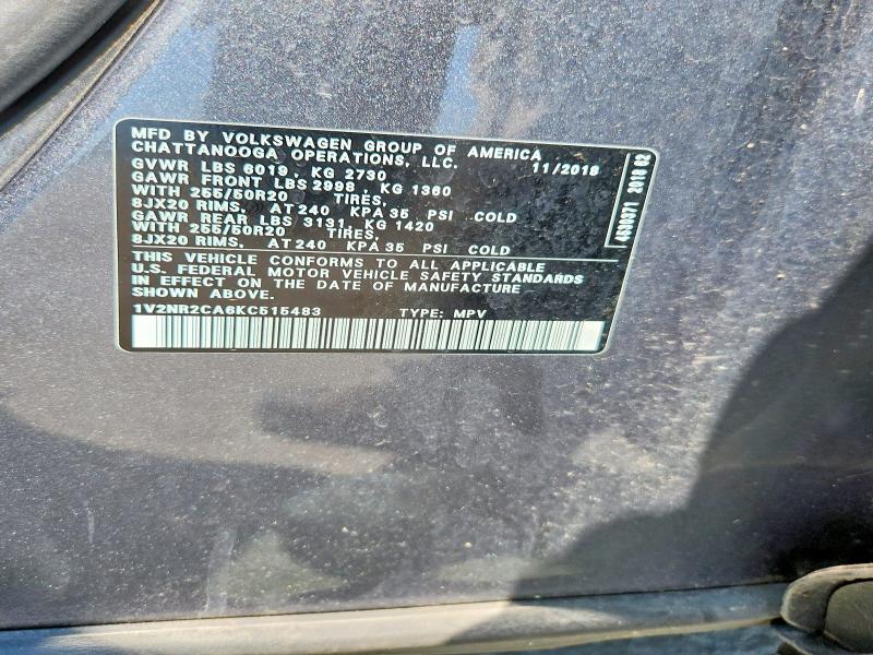2019 Volkswagen Atlas მანქანა იყიდება აუქციონზე, vin: 1V2NR2CA6KC515483, აუქციონის ნომერი: 62421966