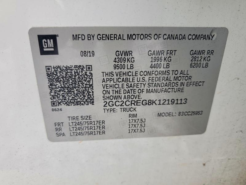 2019 Chevrolet Silverado მანქანა იყიდება აუქციონზე, vin: 2GC2CREG8K1219113, აუქციონის ნომერი: 60884736
