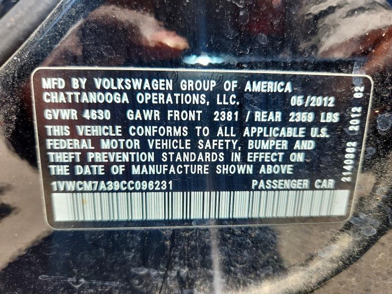 60090256 :رقم المزاد ، 1VWCM7A39CC096231 vin ، 2012 Volkswagen Passat مزاد بيع